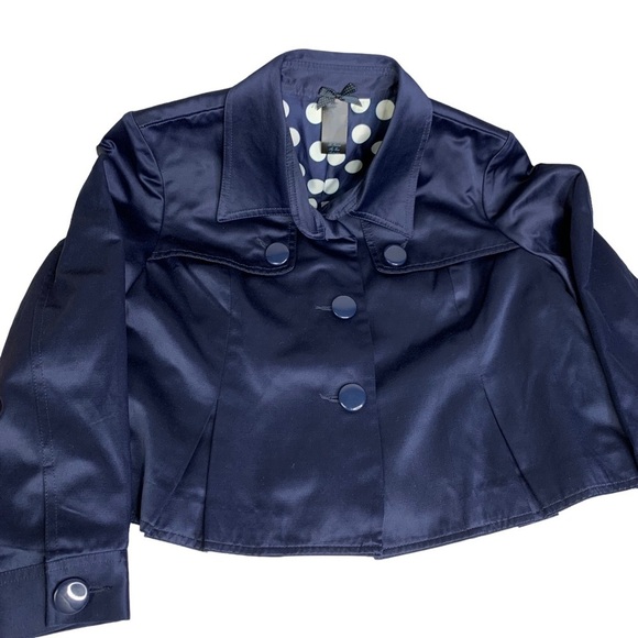 Forever 21 Navy Blue Satin Crop Jacket Polka Dot Lined Jumbo Button Machine Wash - Picture 2 of 9